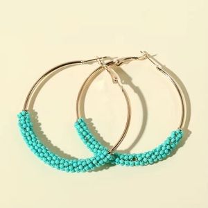 🆕 Large circle hoops blue beaded silver plated dangle earrings